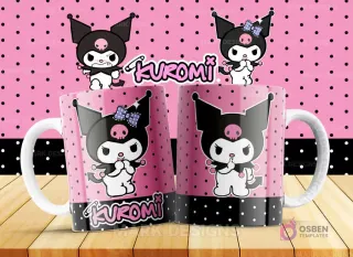 Taza con diseño de Kuromi en una pose juguetona, con pequeños colmillos y su distintiva cola de diablo. La imagen es vibrante sobre un fondo rosa, destacando la personalidad del personaje.