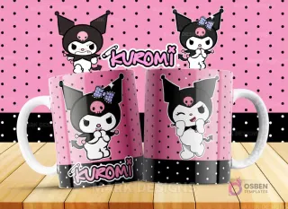 Taza blanca con un diseño detallado de Kuromi con un lazo azul y expresiones de sorpresa, sobre un patrón de lunares rosas y negros. Refleja la personalidad dual del personaje.