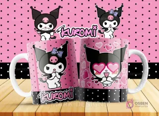 Taza de cerámica con Kuromi mostrando una expresión de amor, rodeada de corazones de diferentes tonos rosas y azules. Un diseño que captura el lado más cariñoso de Kuromi.