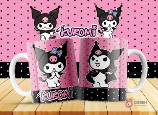 Taza con ilustración de Kuromi sosteniendo un cubo Rubik o un objeto similar con colores vibrantes, demostrando su lado más ingenioso o juguetón. El fondo rosa complementa el diseño.