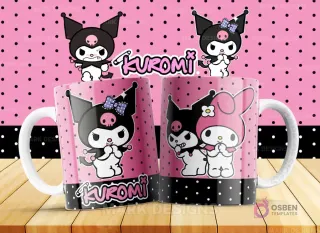 Diseño de taza que presenta a Kuromi junto a otro personaje de Sanrio, My Melody, creando una escena de amistad y ternura. Fondo rosa y patrones de puntos, ideal para dúos de fans.