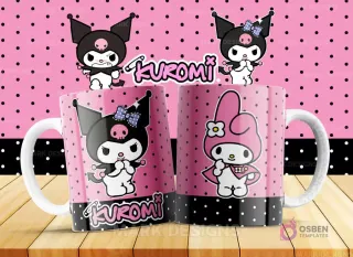Taza con diseño de Kuromi en pose reflexiva o soñadora, con un sombrero de estilo gótico o un accesorio similar que realza su encanto oscuro y dulce. Parte de la colección Vol.2.