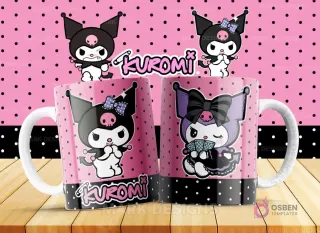 Taza con una representación de Kuromi vestida de forma más elegante o con un accesorio distintivo como un abanico o cartas de juego, mostrando su sofisticación. Fondo vibrante y detalles precisos.
