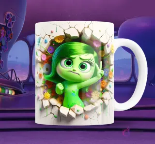 Taza blanca sublimada con personaje de Asco de Intensamente 2 en efecto 3D rompiendo una pared, con mirada de disgusto y flores alrededor