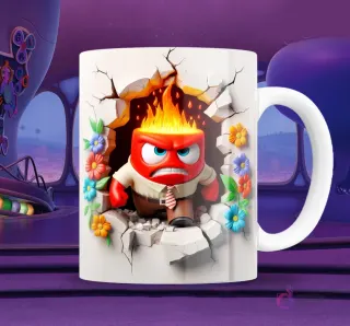 Taza blanca sublimada con personaje de Furia de Intensamente 2 en efecto 3D rompiendo una pared, con llamas en la cabeza y expresión de enfado