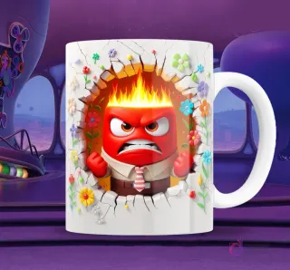 Taza blanca sublimada con personaje de Furia de Intensamente 2 en efecto 3D con puños cerrados, llamas en la cabeza y pared agrietada con flores