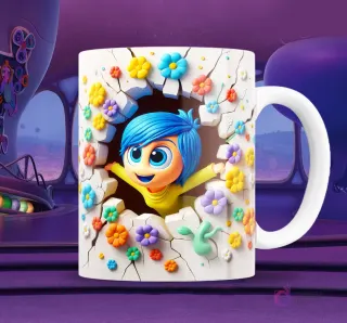 Taza blanca sublimada con personaje de Alegría de Intensamente 2 en efecto 3D rompiendo una pared, con brazos abiertos y sonrisa feliz, rodeada de flores