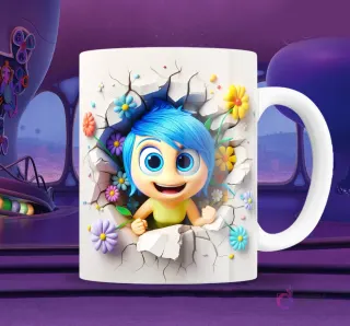 Taza blanca sublimada con personaje de Alegría de Intensamente 2 en efecto 3D asomándose por una pared rota, con expresión alegre y flores