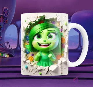 Taza blanca sublimada con personaje de Asco de Intensamente 2 en efecto 3D sonriendo, emergiendo de una pared agrietada llena de flores