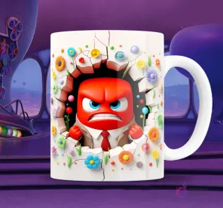 Taza blanca sublimada con personaje de Furia de Intensamente 2 en efecto 3D, en pose dinámica con llamas y rodeado de flores en colores pastel