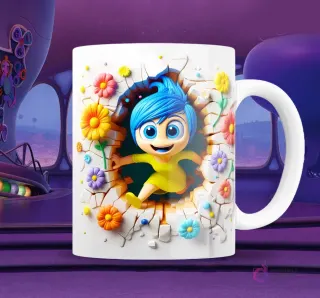 Taza blanca sublimada con personaje de Alegría de Intensamente 2 en efecto 3D con las manos arriba, saliendo de una pared con grietas y flores