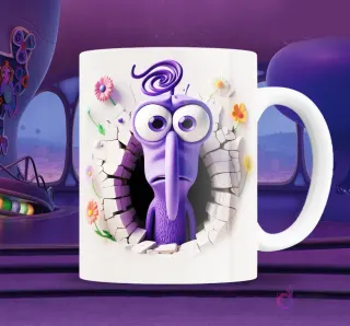 Taza blanca sublimada con personaje de Miedo de Intensamente 2 en efecto 3D, asustado y asomándose de una pared rota con flores minimalistas