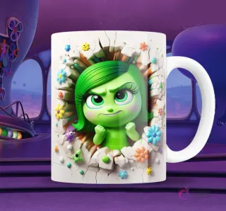 Taza blanca sublimada con personaje de Asco de Intensamente 2 en efecto 3D, enojada y con puños cerrados, rompiendo una pared con flores de colores