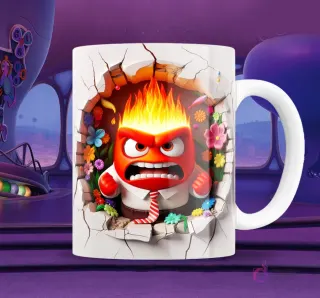 Taza blanca sublimada con personaje de Furia de Intensamente 2 en efecto 3D, con grandes llamas y expresión de gran enojo, rompiendo una pared