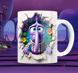 Taza blanca sublimada con personaje de Miedo de Intensamente 2 en efecto 3D, con suéter a cuadros y expresión de susto, saliendo de una pared con flores