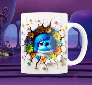 Taza blanca sublimada con personaje de Tristeza de Intensamente 2 en efecto 3D, pensativa y rodeada de una explosión de coloridas flores en una pared rota