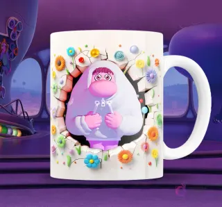 Taza blanca sublimada con personaje de Vergüenza (Embarrassment) de Intensamente 2 en efecto 3D, cubriendo su rostro, saliendo de una pared con flores de colores