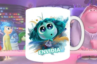 Plantilla de sublimación para taza con Envidia de Intensamente 2, diseño PNG con ojos grandes y brillo artístico azul y dorado.