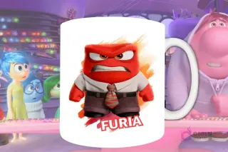 Plantilla de sublimación para taza con Furia de Intensamente 2, diseño PNG rojo con expresión de enojo y fondo artístico naranja y rojo.