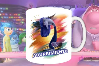 Plantilla de sublimación para taza con Aburrimiento de Intensamente 2, diseño PNG del personaje lánguido azul con fondo artístico azul y dorado.