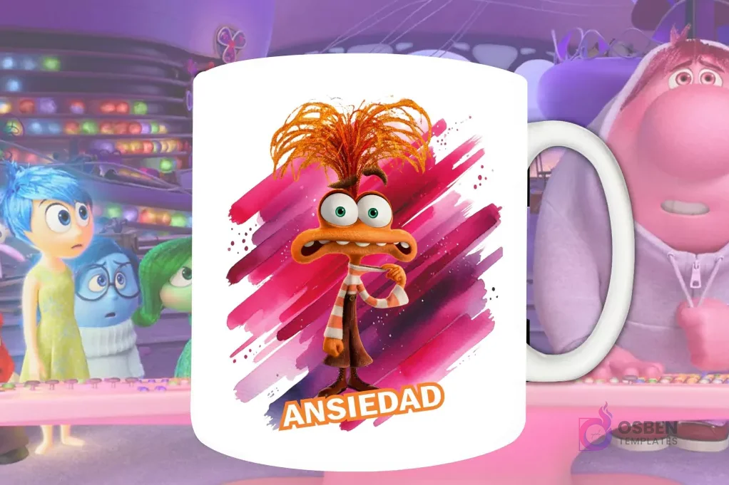 Plantilla de sublimación para taza con Ansiedad de Intensamente 2, diseño PNG del personaje naranja inquieto con fondo artístico rosa y rojo.