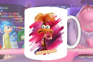 Plantilla de sublimación para taza con Ansiedad de Intensamente 2, diseño PNG del personaje naranja inquieto con fondo artístico rosa y rojo.