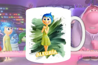 Plantilla de sublimación para taza con Alegría de Intensamente 2, diseño PNG amarillo con expresión feliz y fondo artístico verde y dorado.