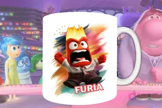Plantilla de sublimación para taza con Furia de Intensamente 2, diseño PNG rojo gritando con la boca abierta y fondo artístico naranja y azul.