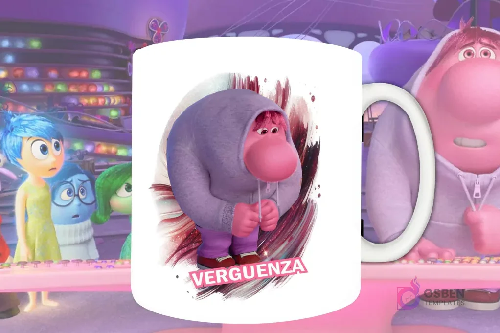 Plantilla de sublimación para taza con Vergüenza de Intensamente 2, diseño PNG del personaje rosado encorvado con sudadera y fondo artístico rosa.