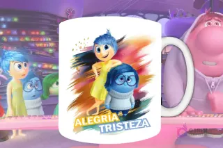 Plantilla de sublimación para taza con Alegría y Tristeza de Intensamente 2 juntas, diseño PNG con fondo artístico dorado y azul.