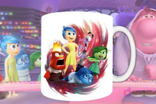 Plantilla de sublimación para taza con Alegría, Furia, Disgusto, Temor y Tristeza de Intensamente 2, diseño PNG de las emociones principales juntas con fondo artístico rojo y brillante.