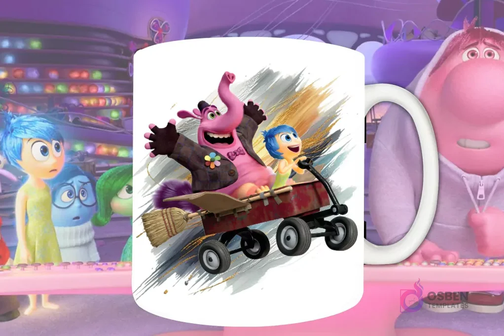 Plantilla de sublimación para taza con Bing Bong y Alegría en un vagón de Intensamente 2, diseño PNG con fondo artístico azul y dorado.