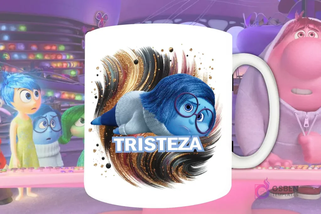 Plantilla de sublimación para taza con Tristeza de Intensamente 2, diseño PNG acostada y melancólica con fondo artístico oscuro, dorado y azul.