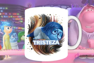 Plantilla de sublimación para taza con Tristeza de Intensamente 2, diseño PNG acostada y melancólica con fondo artístico oscuro, dorado y azul.