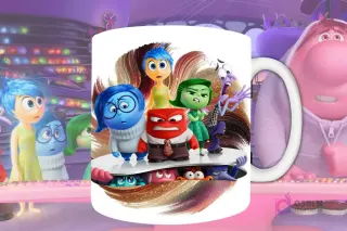 Plantilla de sublimación para taza con las emociones de Intensamente 2 (originales y nuevas) asomándose desde abajo, diseño PNG con fondo artístico brillante.