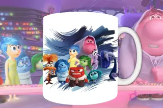 Plantilla de sublimación para taza con las emociones de Intensamente 2 (Alegría, Tristeza, Furia, Disgusto, Temor, Ansiedad, Envidia, Aburrimiento, Vergüenza) juntas, diseño PNG con fondo artístico azul.