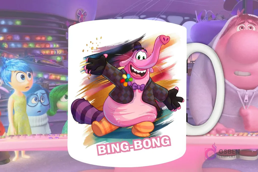 Plantilla de sublimación para taza con Bing Bong de Intensamente 2, diseño PNG del amigo imaginario con sombrero y corbatín, con fondo artístico dorado y rosa.