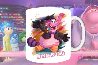 Plantilla de sublimación para taza con Bing Bong de Intensamente 2, diseño PNG del amigo imaginario con sombrero y corbatín, con fondo artístico dorado y rosa.