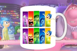 Plantilla de sublimación para taza con un collage de franjas verticales de Alegría, Tristeza, Furia, Disgusto y Temor de Intensamente 2, diseño PNG para tazas.