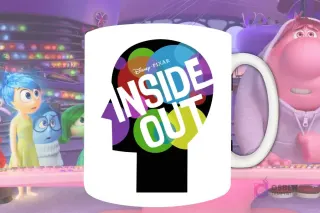 Plantilla de sublimación para taza con el logo de Disney Pixar Intensamente (Inside Out) con silueta de cabeza y círculos de colores, diseño PNG.