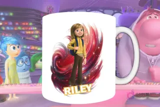 Plantilla de sublimación para taza con Riley de Intensamente 2, diseño PNG de la adolescente con mochila y fondo artístico rojo y brillante.
