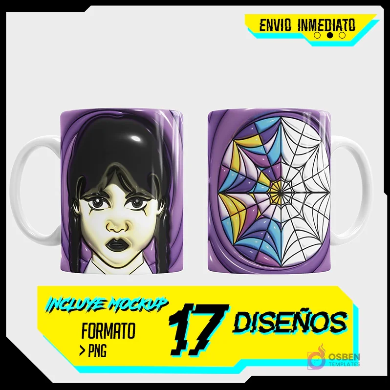 Taza sublimada con plantilla 3D de Wednesday Addams y telaraña morada