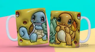 Taza sublimada con plantilla 3D de Pokémon: Squirtle, Bulbasaur y Charmander