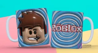 Taza sublimada con plantilla 3D de personaje de Roblox y espiral azul