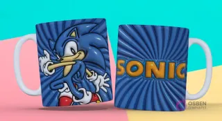 Taza sublimada con plantilla 3D de Sonic el Erizo en acción sobre fondo azul