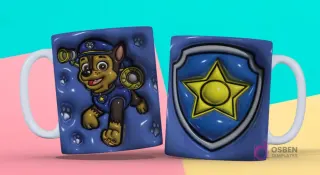 Taza sublimada con plantilla 3D de Chase de Paw Patrol con huellas de perro