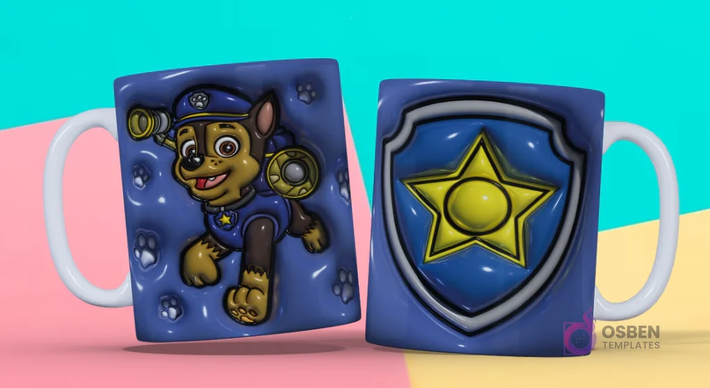 Taza sublimada con plantilla 3D de Chase de Paw Patrol con huellas de perro