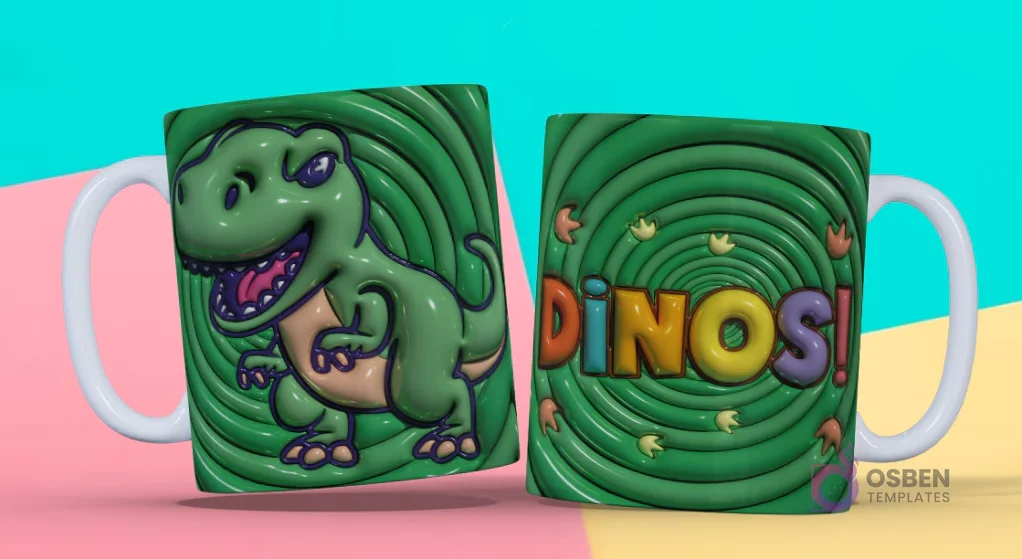 Taza sublimada con plantilla 3D de T-Rex dinosaurio y texto 'DINOS'