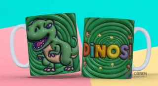 Taza sublimada con plantilla 3D de T-Rex dinosaurio y texto 'DINOS'