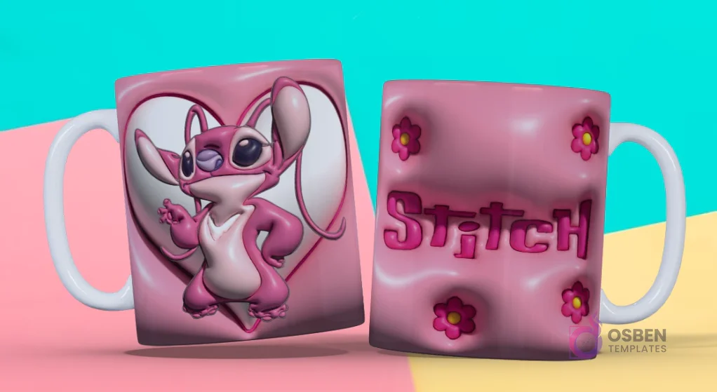 Taza sublimada con plantilla 3D de Angel de Lilo & Stitch con corazón rosa